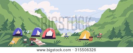 Touristic Camp Or Campground With Tents And Campfire. Landscape With Forest Campsite Against Mountai