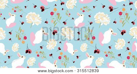 Blue Floral Pattern With White Rabbit, Floral And Black Bud. Surface Pattern Design.