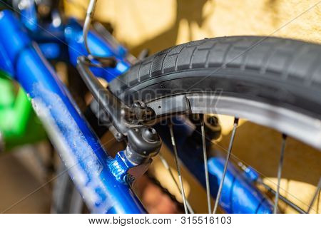 Bicycle Tire Spokes Close Up Ride Riding Bike Rubber Brakes Break Braking Valve Axle Metal.