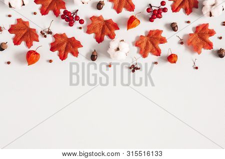 Autumn Composition. Border Made Of Flowers, Maple Leaves On Gray Background. Autumn, Fall, Thanksgiv