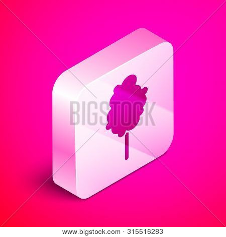 Isometric Cotton Candy Icon Isolated On Pink Background. Silver Square Button. Vector Illustration
