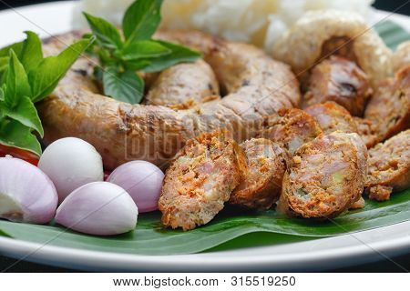 Northern Thai Sausage Or Sai-aua , Filled With Chopped Lemongrass, Galangal, Kaffir Lime, Coriander 