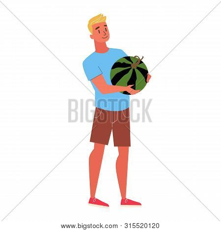 Happy Young Manstanding And Holding Big Watermelon