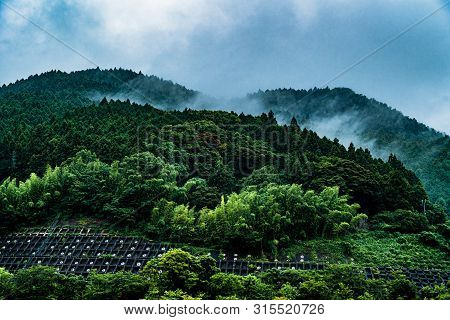 View Of Mountains In Saraguri Town On A Raining Day Near Nanzoin Temple In Sasaguri, Fukuoka Prefect
