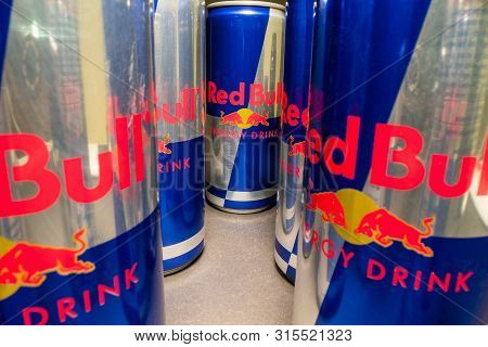 Prague, Czech Republic - April 16th, 2019: Wide Angle View Of Aluminum Red Bull Energy Drink Can On 