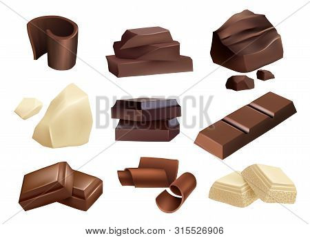 Chocolate. Sweets Dessert Parts Of Black And White Chocolate Vector Realistic Collection. Chocolate 