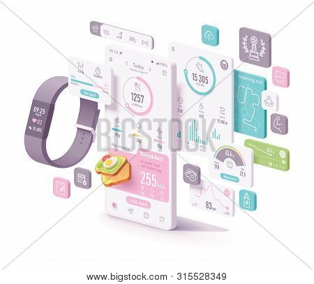 Vector Fitness And Diet App Concept. Fitness Tracker And Smartphone With Application Screens To Trac