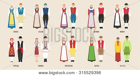 National Costumes Of Sweden, Iceland, Findland, Denmark, Norway, Portugal, Austrai, Romania, Switzer