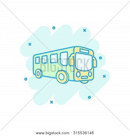 School Bus Icon In Comic Style. Autobus Vector Cartoon Illustration On White Isolated Background. Co