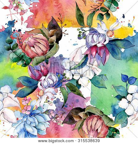 Bouquet Loral Botanical Flowers. Watercolor Background Illustration Set. Seamless Background Pattern