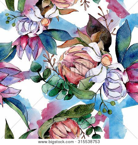 Bouquet Loral Botanical Flowers. Watercolor Background Illustration Set. Seamless Background Pattern