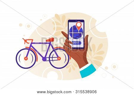 Bike Rental Service. Parking Automat. Active Lifestyle. Urban Transportation System. Young Black Fem