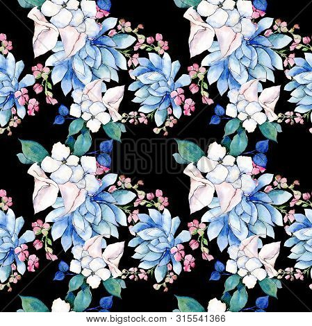 Bouquet Loral Botanical Flowers. Watercolor Background Illustration Set. Seamless Background Pattern