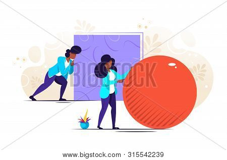 Businessman Pushing Sphere And Leading The Race Against Group Other Not So Lucky Guy Pushing Boxes. 