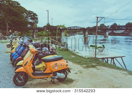 Kanchanaburi, Thailand - August 4, 2019 : Vespa Gang Were Parking In The Line For Meeting And Gether