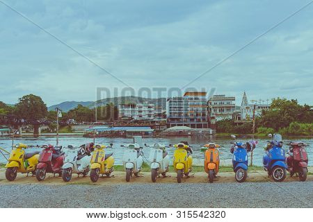 Kanchanaburi, Thailand - August 4, 2019 : Vespa Gang Were Parking In The Line For Meeting And Gether