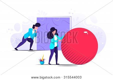 Businessman Pushing Sphere And Leading The Race Against Group Other Not So Lucky Guy Pushing Boxes. 
