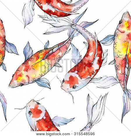 Aquatic Underwater Colorful Tropical Goldfish Set. Watercolor Background Illustration Set. Seamless 