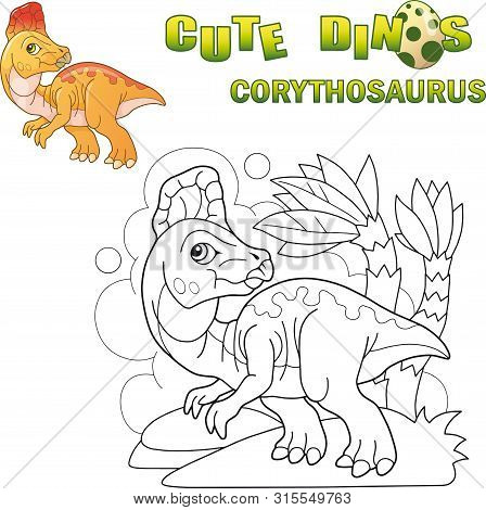 Cartoon Cute Prehistoric Dinosaur Corythosaurus, Funny Illustration