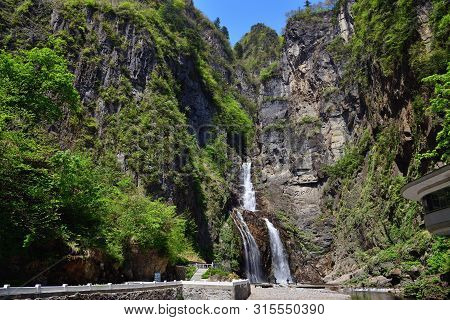 Picturesque Cascading Ulim Waterfall In North Korean Mountains, Outside Of Wonsan. Ullim Falls. Nort