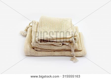 Eco Natural Bags For Sale Fruits And Vegetable On White Background.  Plastic Free Lifestyle.
