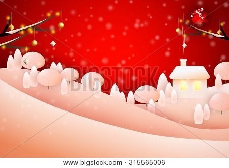 Red Winter Background With Snowy Slope, House And Bird On Branch. Bright New Year Greeting Card. Chr