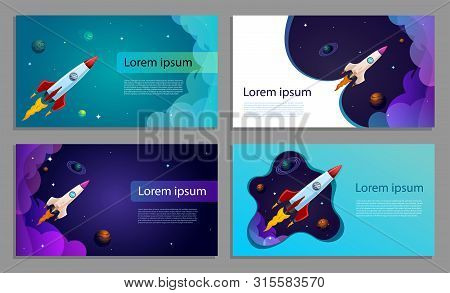 Vector Space Business Card Or Banner. Rocket In Space Illustration.