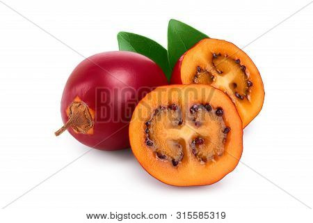 Fresh Tamarillo Fruit With Leaves Isolated On White Background