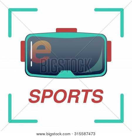 E-sport Logo With Red Letters In A Green Frame With A Vr Glasses, Vector Flat Icon In Casual Style