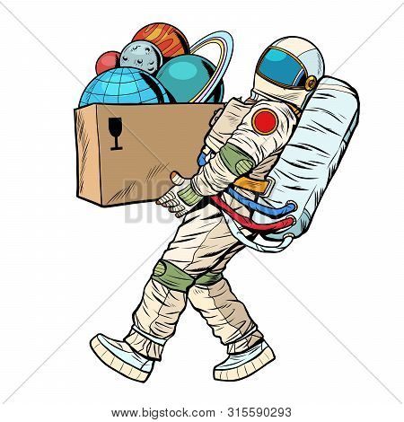 Space Exploration Concept. Astronaut Takes The Planet In A Box. Pop Art Retro Vector Stock Illustrat