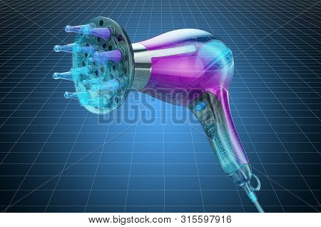 Visualization 3d Cad Model Of Hair Dryer, Blueprint. 3d Rendering