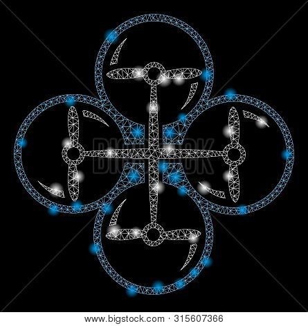 Glowing Mesh Quad Copter With Glow Effect. Abstract Illuminated Model Of Quad Copter Icon. Shiny Wir
