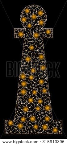 Glossy Mesh Stanchion With Lightspot Effect. Abstract Illuminated Model Of Stanchion Icon. Shiny Wir