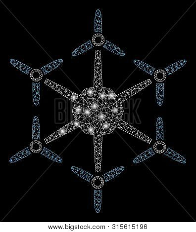 Flare Mesh Hexacopter With Glow Effect. Abstract Illuminated Model Of Hexacopter Icon. Shiny Wire Ca