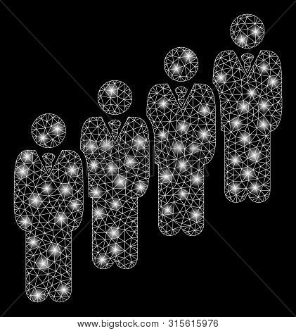 Glossy Mesh Queue With Lightspot Effect. Abstract Illuminated Model Of Queue Icon. Shiny Wire Frame 