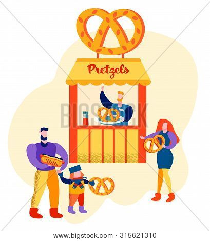 Seller Prepare Fresh Bakery For Customers, Young Family Of Dad, Mom And Little Son At Pretzel Stall 