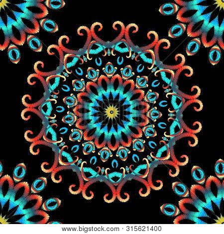 Embroidery Colorful Floral Seamless Mandala Pattern. Vector Grungy Background. Textured Floral Ethni