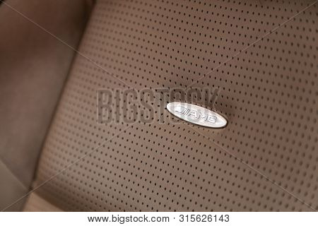 Novosibirsk, Russia - July 12, 2019:  Mercedes-benz M-class Ml63 Amg, Close-up Of Amg Nameplate On B