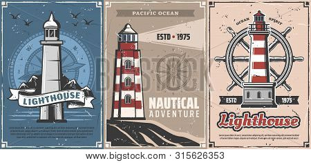 Lighthouses With Vintage Nautical Compasses And Sea Ship Helm Vector Design. Navigation Towers Of Ma