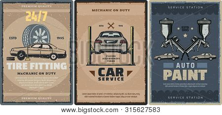 Car Repair Service, Tire Fitting And Auto Paint Station Retro Posters Of Mechanic Garage Vector Desi