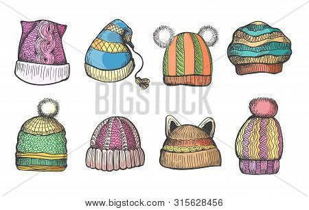 Knitting Caps Sketch. Knitted Warm Hats Hand Drawn Vector Illustration, Woolly Hat Set With Pampon, 