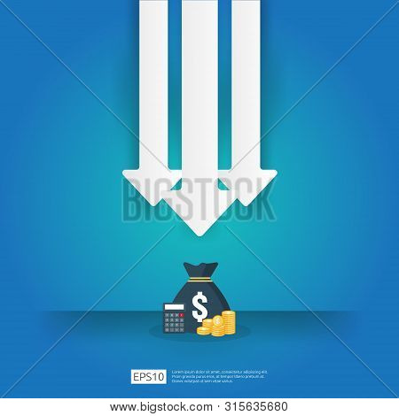 Business Crisis Concept. Money Fall Down With Arrow Decrease Symbol. Economy Stretching Rising Drop,