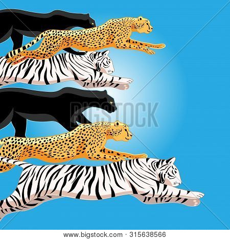 Llustration Jungle Pattern Of Panthers, Leopards And Tigers On A Background With The Sun. An Example