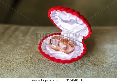 Wedding Rings For Newlyweds Lie In A Red Box In The Form Of A Shell
