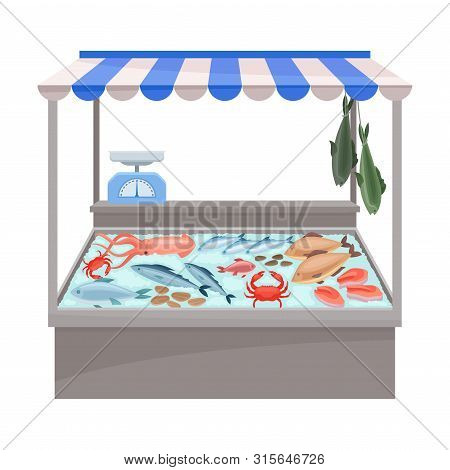 Tent For The Sale Of Fish And Seafood. Vector Illustration On White Background.