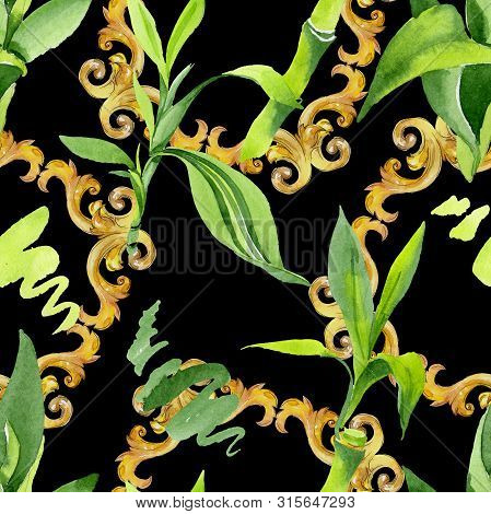 Bamboo Green Leaves. Watercolor Background Illustration Set. Seamless Background Pattern.