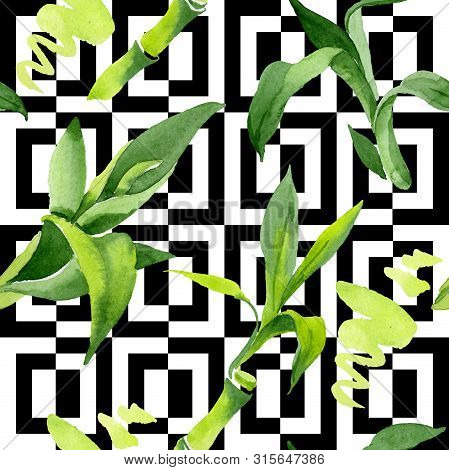 Bamboo Green Leaves. Watercolor Background Illustration Set. Seamless Background Pattern.
