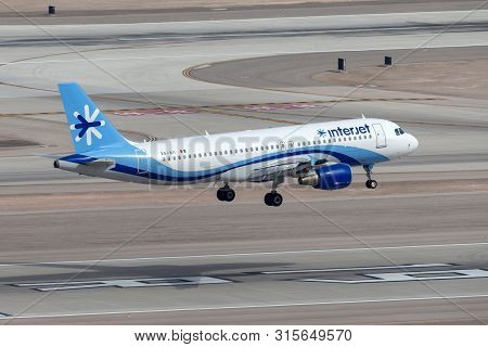 Las Vegas, Nevada, Usa - May 5, 2013: Interjet Airbus A320 Airliner Aircraft On Approach To Land At 