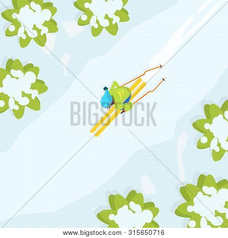 Skiing Sportsman, Male Athlete Character In Sports Uniform And Goggles, Active Sport Vector Illustra