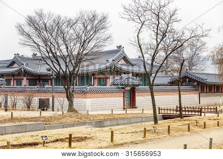 Seoul, South Korea, 12.30.2017: A Beautiful Historic Palace In A Winter Park In The City Center. Clo